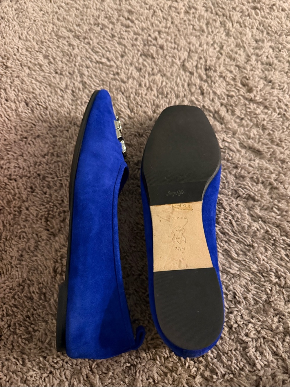 Tory Burch Cobalt Blue Suede Logo Ballet Flats - Picture 3 of 4